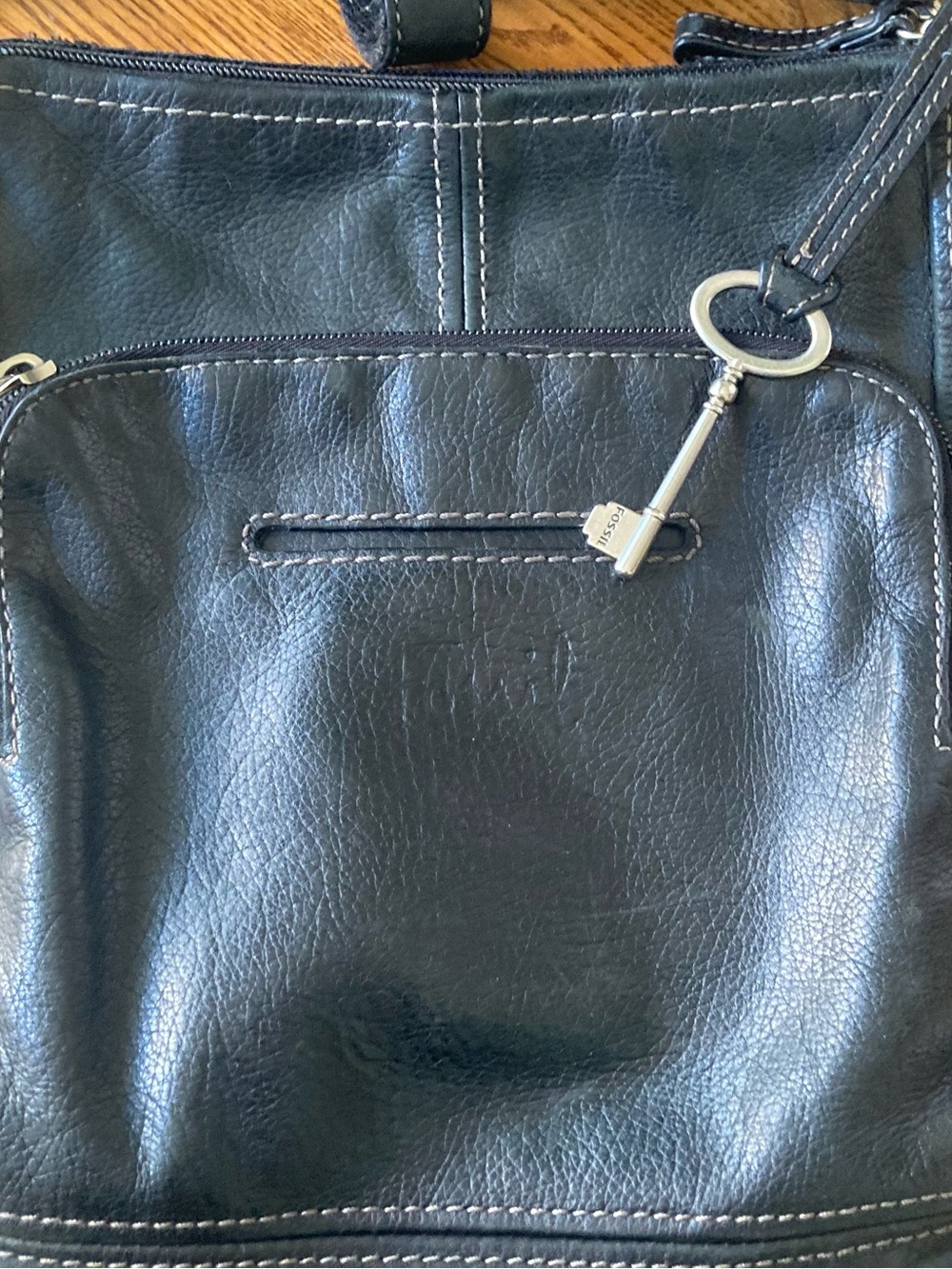 Fossil Black Leather Tote with Silver Key Charm